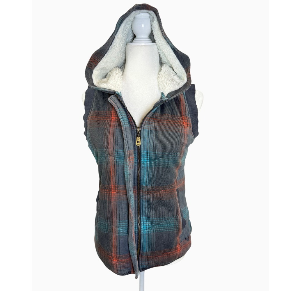 Roxy Women's M Plaid Hooded Sherpa Lined Vest Gray Teal Orange Y2K
